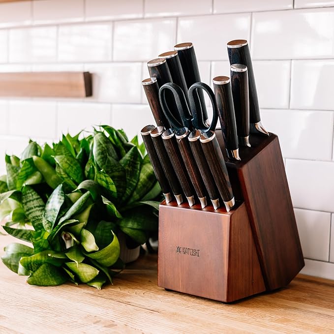 Yatoshi 15 Piece Knife Block Set S Series - Pro Kitchen Knife Set Ultra Sharp High Carbon Stainless Steel with Ergonomic Handle