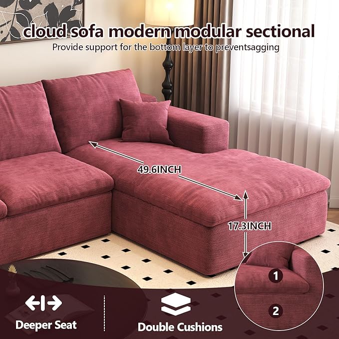 107'' L-Shaped Modern Modular Sectional Cloud Couch, 4-Seat Chenille Deep-Seat Sofa with Pillow for Living Room, Bedroom, Apartment, Wine Red
