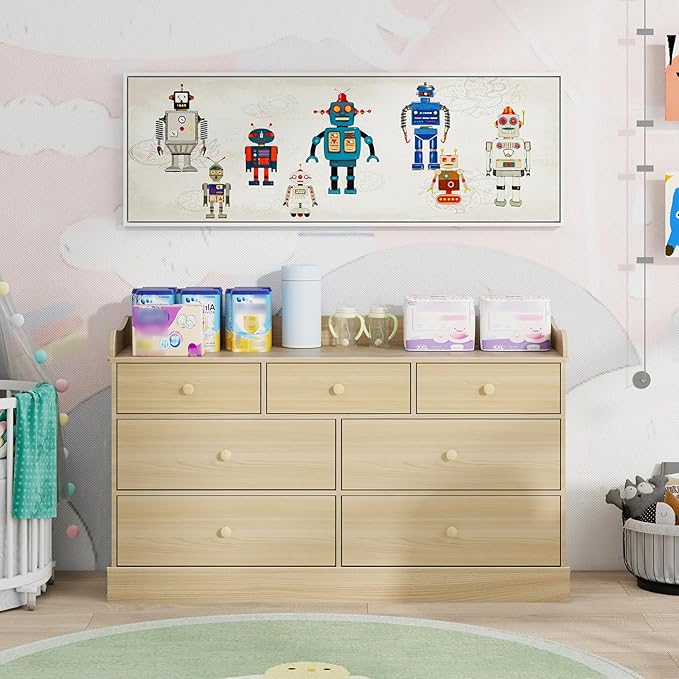 Vabches Kids Dresser Cabinet with 7 Drawers, Changing Table for Nursery, White Chest of Drawers, Baby Dresser, Kids Bedroom Furniture, Nightstand for Child’s Room,Natural