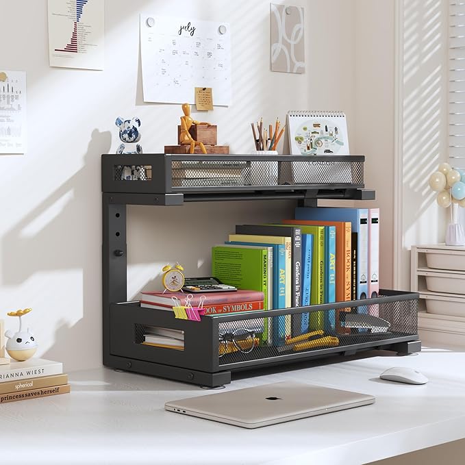 1 Pack 17IN Depth Under Sink Storage Organizer, Large 2-Tier Elegant Mesh Pull Out Shelf for Kitchen and Bathroom Cabinet Organization, L-Shaped and Adjustable Height Design-Black