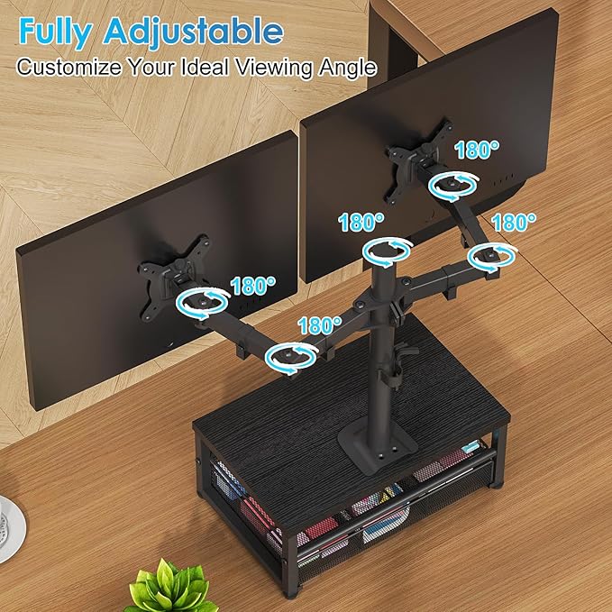 Dual Monitor Stand with Desk Organizer, Heavy Duty VESA Dual Monitor Arm Mount for 13โณ-27โณ Computer Screens, Free-Standing Monitor Arms for 2 Monitors, Adjustable Height Angle, Loads 20Lbs/Arm, Black