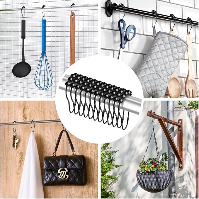 12PCS Shower Curtain Hooks, Shower Curtain Rings Black Rust Proof for Bathroom Shower Rods, Metal Shower Hooks Smooth&Quick Sliding