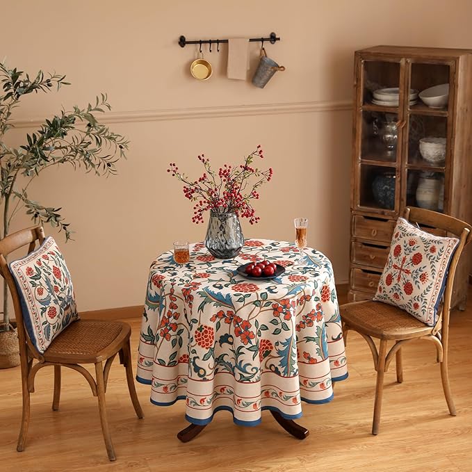 patdrea Designer Linen Round Table Cloth,Durable Breathable Floral Dacorative Tablecloth,Decor Tables Covers for Kitchen Dining Tea Party,Holiday,Christmas,Thanksgiving,Diameter 67"-Puno