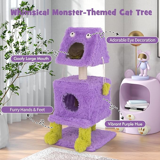 Tangkula Monster-Themed Cat Tree, 3-Level Cat Tower Activity Center with 2 Private Cat Condo, Sisal Scratching Posts & Hanging Toys, Long Plush Cute Cat Tree Tower for Indoor Cats (44 Inch)