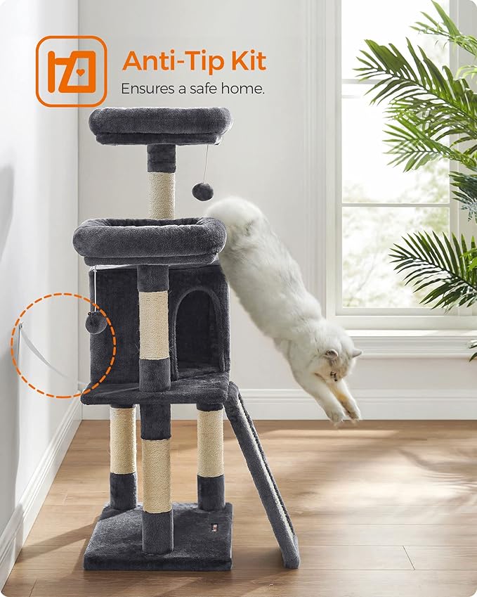 Feandrea Cat Tower, Cat Tree for Indoor Cats, 45.3-Inch Cat Condo with Scratching Post, Ramp, Perch, Spacious Cat Cave, for Kittens, Elderly Cats, Adult Cats, Small Space, Smoky Gray UPCT141G01