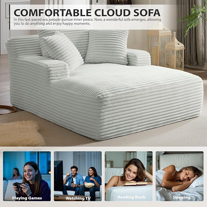 50 Inches Chaise Lounge Indoor, Oversized Chaise Lounge Chair with 3 Throw Pillows and Armrests, Corduroy Upholstered Plush Sofa Bed Lazy Chair Bed Sleeper Chair for Living Room Apartment (Light Grey)