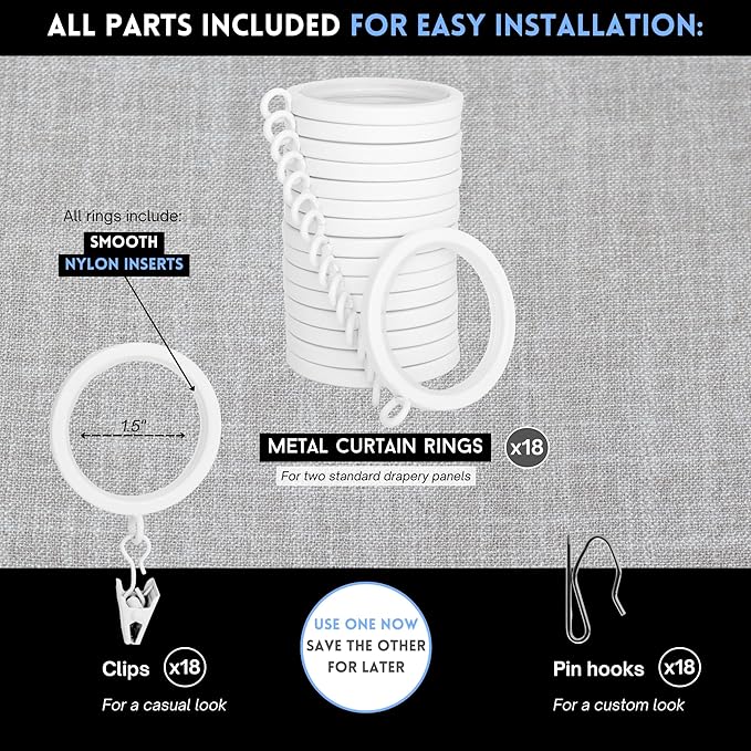 BlastHome® Luxury Curtain Rings - Premium Metal with Quiet, Smooth Nylon Inserts - Pinhooks and Clips Included - 1 1/2" Inside Diameter - 18 Rings for Two Standard Curtains - White