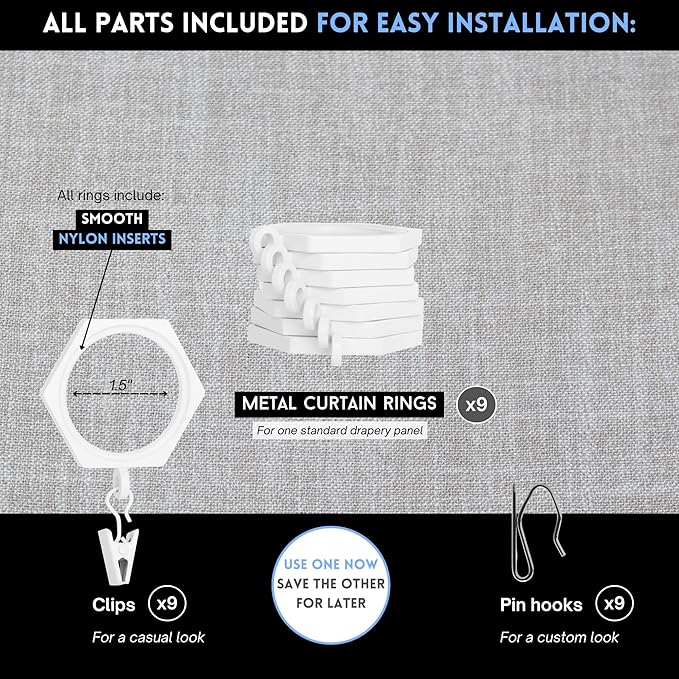 BlastHome® Luxury Curtain Rings - Premium Metal with Quiet, Smooth Nylon Inserts - Pinhooks and Clips Included - 1 1/2" Inside Diameter - 9 Rings for One Standard Curtain - White