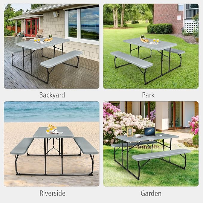 GYMAX Picnic Table, 550 LBS Folding Picnic Tables with Benches & Seats, Weather-Resistant Easy Setup Portable Picnic Table, Wood-Like Foldable Picnic Tables for Outdoors Patio Deck Party BBQ (Grey)