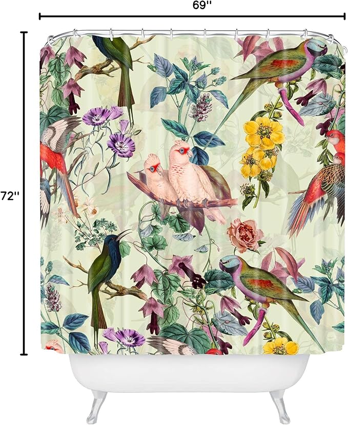 Society6 Shower Curtain - Bathroom Decor by Burcu Korkmazyurek - Extra Long Fabric Shower Curtains for Bathroom, 71" x 74", Floral and Birds VIII