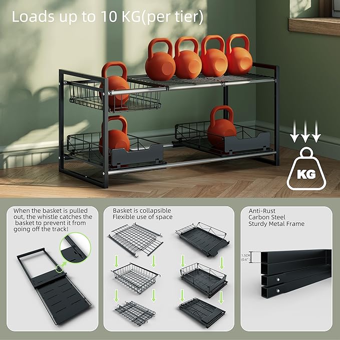 NETEL Under Sink Organizers and Storage,Kitchen Cabinet Organizer,2 Tier Under Sink Expandable Shelves,Bathroom Cabinet Organizer with Pull Out Drawers,(30.9-31.64)" W x 14.69" D x 15.83" H,Black