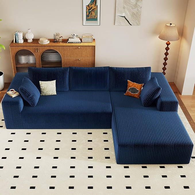 96" Modular Sectional Couch, Boneless L Shaped Cloud Sofa with Chaise Lounge, Corduroy Upholstered Couches Memory Foam Deep Seat, No Assembly Required, Ideal for Living Room(Blue, Right Facing)