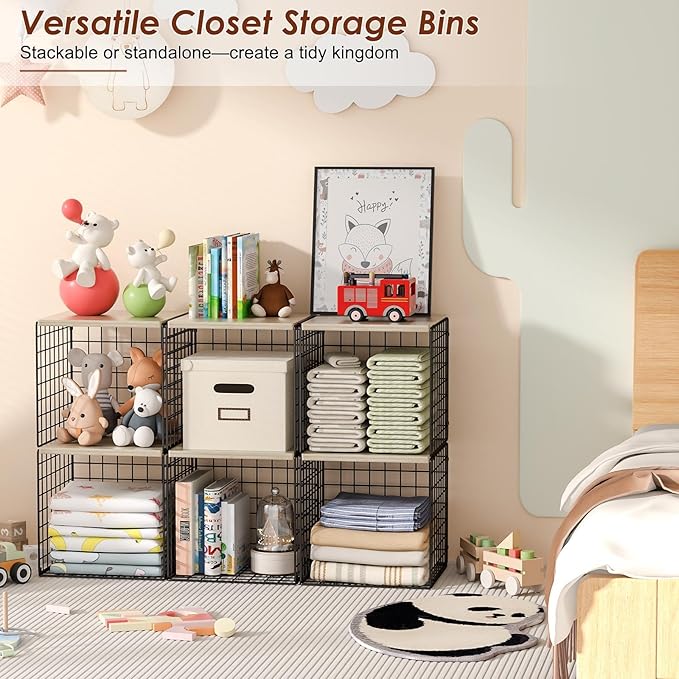 4-Tier Stackable Closet Organizers and Storage, Dual-Layer Reinforced Clothing Cube Shelves with Wood Tops, Sturdy Clothes Storage Bins & Shelf Basket for Wardrobe, Closet Organizer System