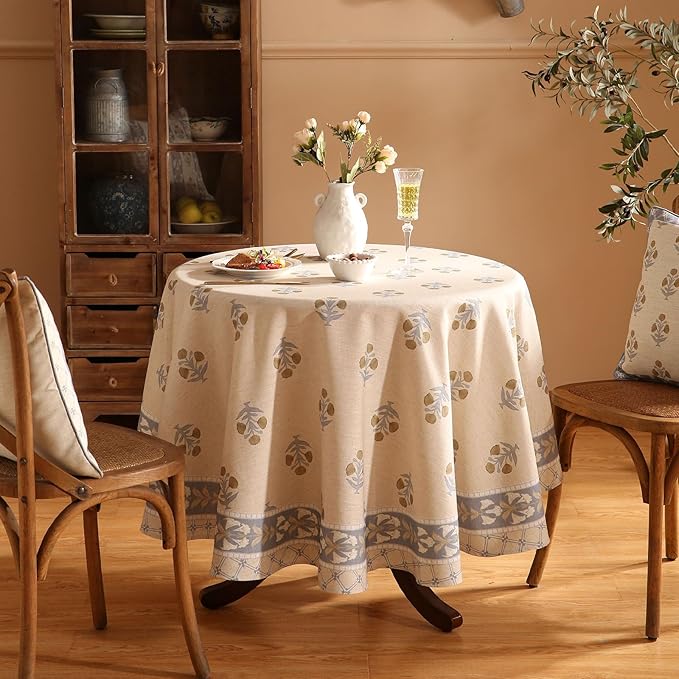 patdrea Designer Vintage Small Beige Tablecloth for Round Table,Linen Yellow Floral Pattern Tablecloths,Cover Cloth Decor for Kitchen Dining Christmas,Thanksgiving,Diameter 55"-Istana a