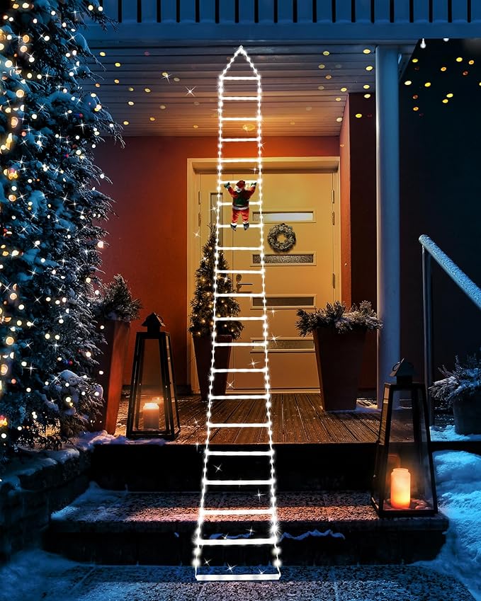 Toodour LED Christmas Lights - 10ft Christmas Decorative Ladder Lights with Santa Claus, Xmas Decorations Light for Indoor Outdoor, Window, Garden, Home, Wall, Xmas Tree Decor - White