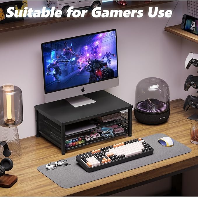 Computer Monitor Stand Riser, Desk Organizers and Accessories with Drawer, Laptop Stand, Office Desk Accessories & Workspace Desktop Organizers Storage for Office Supplies(Black)