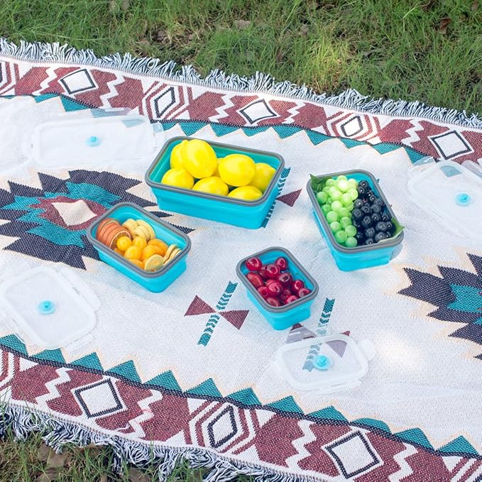 Collapsible Food Storage Containers with Airtight Lid & Air Vent, 4 Sizes, Kitchen Stacking Silicone Collapsible Meal Prep Container Set for Leftover, Microwave Freezer Dishwasher Safe, Blue, Set of 4