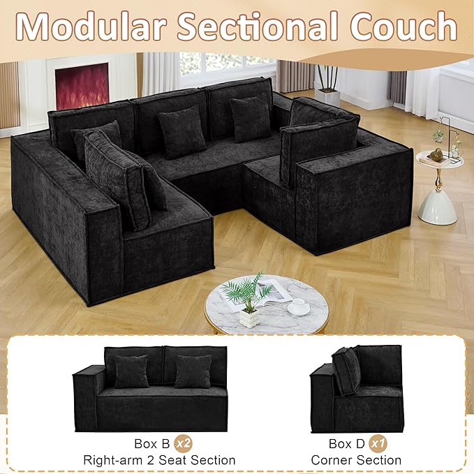 108'' Boneless Chenille U Shaped Couch, Oversized Modular Sectional 5 Seater Sofa, Modern Deep Seat Corner Cloud Compressed Couch, No Assembly Sleeper Sofa with Chaise for Living Room, Black