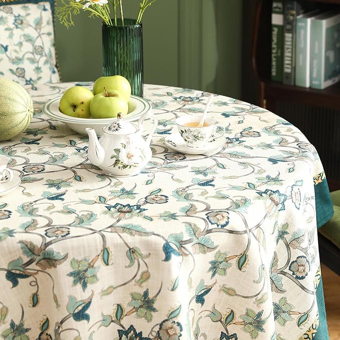 patdrea Designer Linen Vintage Round Table Cloth,Vintage Green Floral Pattern Durable Tablecloth,Table Cover Decor for Kitchen Dining,Parties,Christmas,Thanksgiving,Party,Diameter 55"-Noah