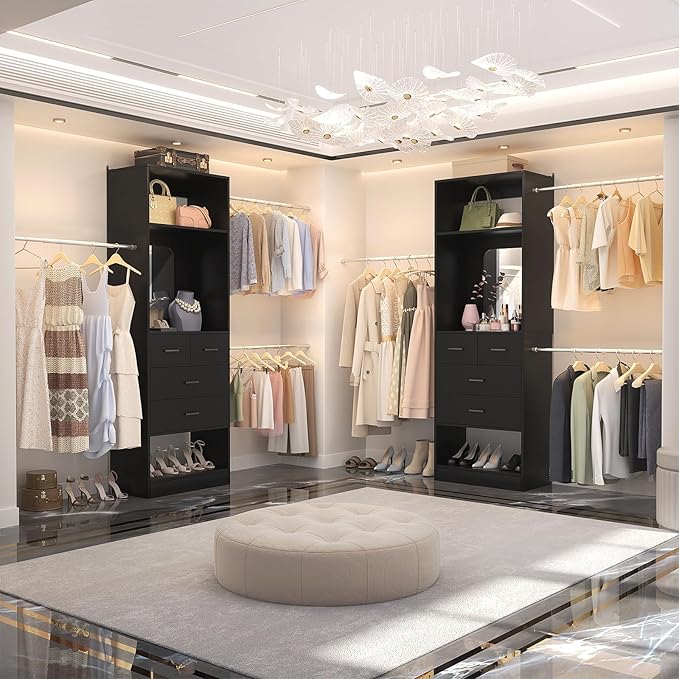 Unikito 96” W Closet Systems, Adjustable 8FT Walk in Closet Organizer Starter Kit with 25” Tower and 3 Hanging Rods, Sturdy Garment Rack with 4 Drawers and Mirror, 96" W x 16" D x 80" H, Black