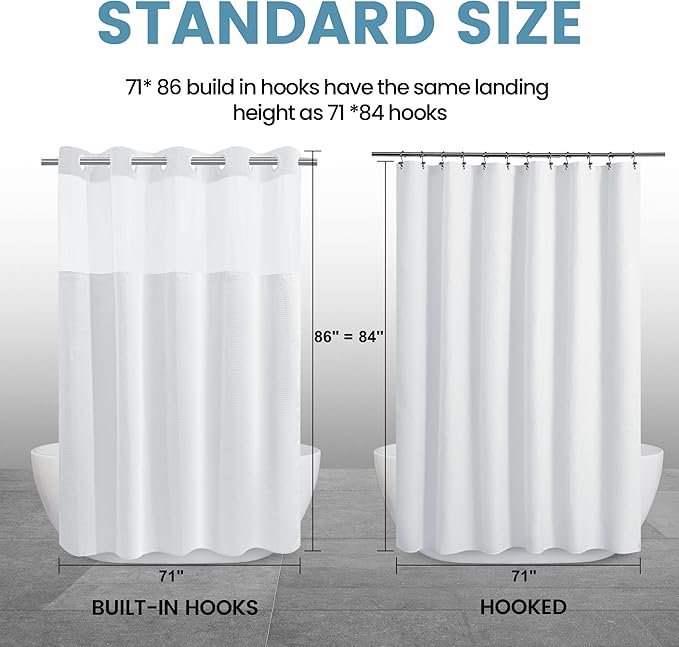 White Long No Hook Shower Curtain with Snap in Liner,230GSM Waffle Weave Shower Curtains for Bathroom,71W x 86H