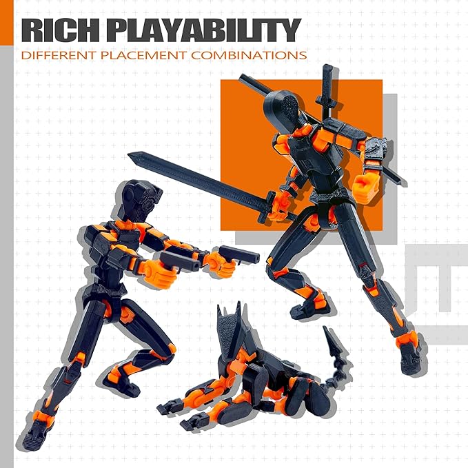 (Assembly Completed) T13 3D Action Figure Set,Dummy Robo Titan 13 Action Figures,3D Printed Multi-Jointed Toy (Black + Orange)