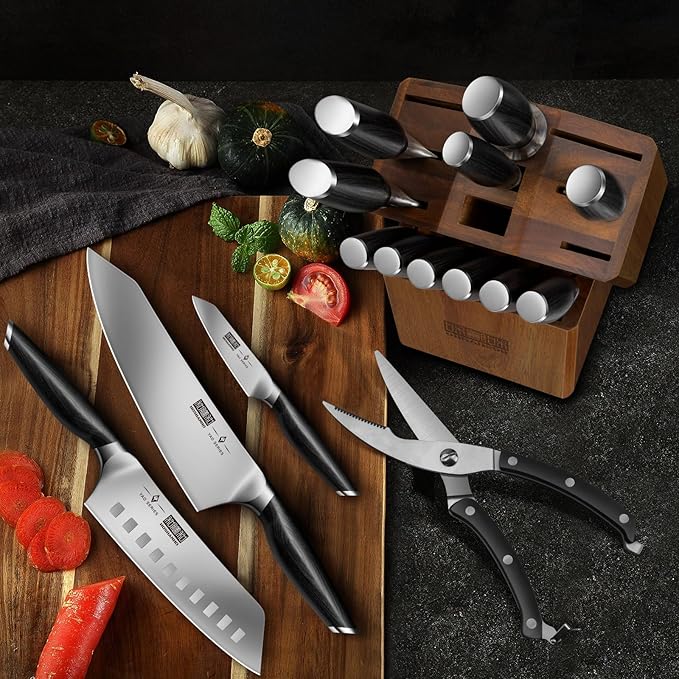HOSHANHO 16-Piece Kitchen Knife Set with Block, Powder Steel High Carbon Steel Knife Block Set, Ultra Sharp Professional Chef Knife Set with Sharpener