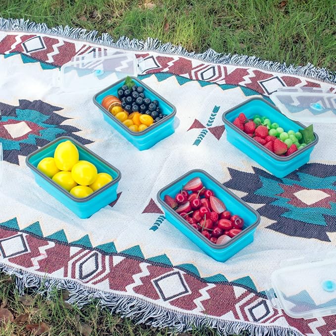 Collapsible Food Storage Containers with Airtight Lid & Air Vent, 40.5 oz, Kitchen Stacking Silicone Collapsible Meal Prep Container Set for Leftover, Microwave Freezer Dishwasher Safe, Blue, Set of 4