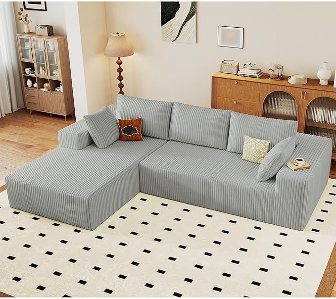 96" Modular Sectional Couch, Boneless L Shaped Cloud Sofa with Chaise Lounge, Corduroy Upholstered Couches Memory Foam Deep Seat, No Assembly Required, Ideal for Living Room(Light Gray, Left Facing)