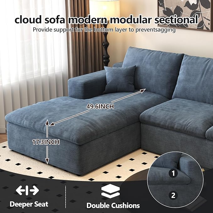 107'' U-Shaped Modern Modular Sectional Cloud Couch Whit Ottoman, 4-Seat Chenille Deep-Seat Sofa with Pillow for Living Room, Bedroom, Apartment, Ocean Blue