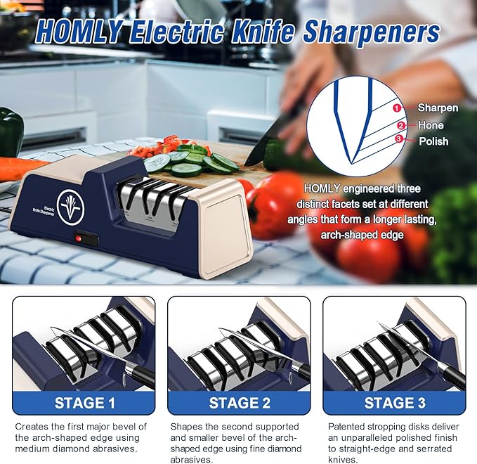 Homly Professional Electric Knife Sharpeners for Kitchen Knives with Diamond Abrasives and Precision Angle Guides, Multifunctional 3-Stage Slots, Applicable to Straight Knife and Ceramic Knife