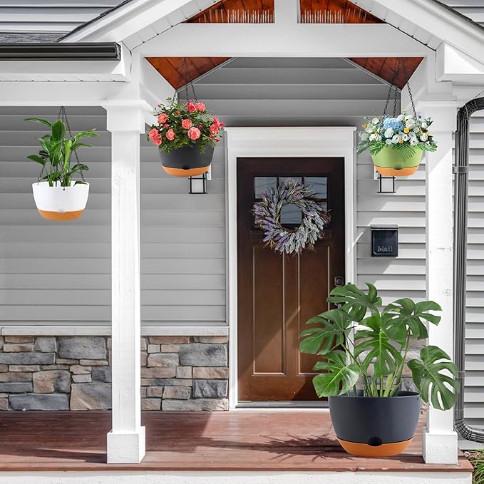 4 Pack Self Watering Pots for Indoor Plants,8 Inch Plant Pot Outdoor Plastic Flower Pot with Drainage and Saucers(White+Grey+Green+Beige)