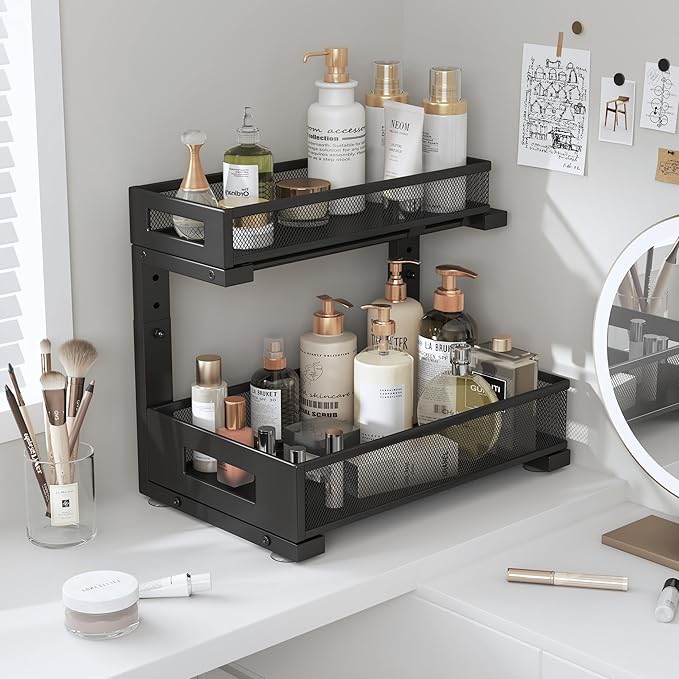 2-Pack Under Sink Storage Organizer, Large 2-Tier Elegant Mesh Pull Out Shelf for Kitchen and Bathroom Cabinet Organization, L-Shaped and Adjustable Height Design,Patent Pending-Black