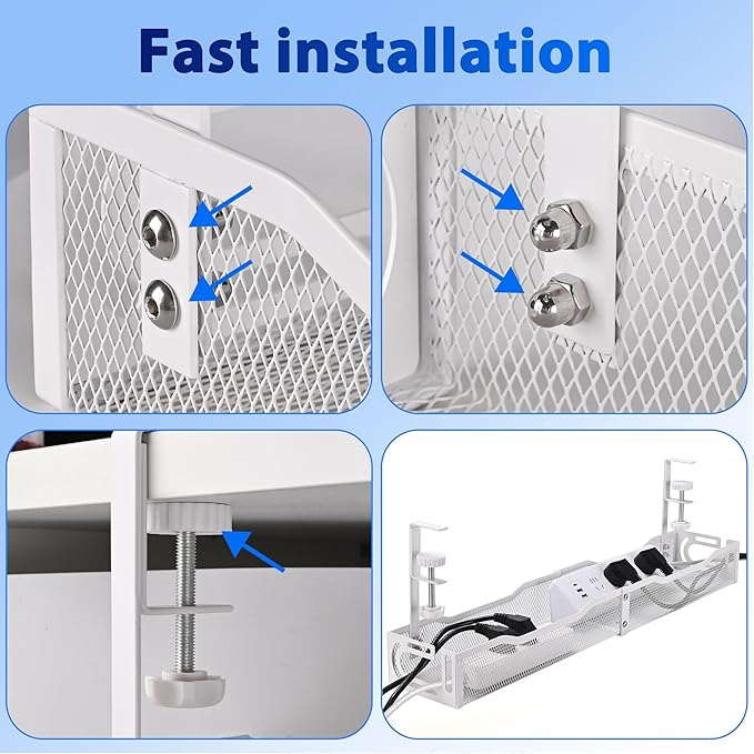 Under Desk Cable Management Box 25.3 Inch – No-Drill Cable Organizer Tray, Large Cord Management Box for Office & Home, Wire Organizer Under Desk Storage, White