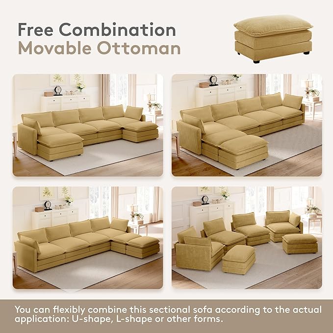 ROWHY 148'' Sectional Cloud Couch with 2 Ottomans, Oversized 4 Seat Sleeper Sofa with 2 Throw Pillows, Convertible Upholstered U Shaped Cozy Sofa Furniture Set for Living Room and Office, Yellow