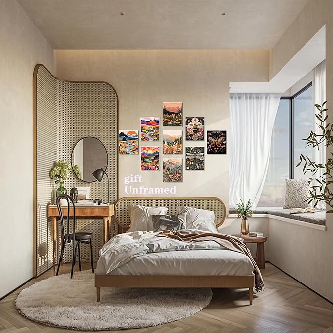 Nature Landscape Boho Wall Art Set of 3 24x16In Wood Framed,with 9 Bonus 8x10 Posters Prints, Abstract Ridge River Sunset Floral Canvas Paintings for Living Room Bedroom Office