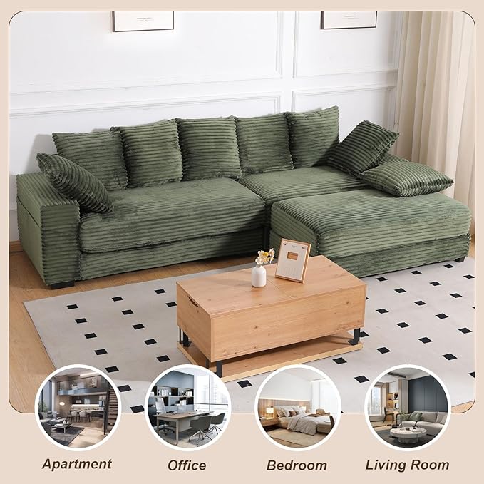 108" Oversized Sectional Sofa Modular Deep Seat Sofa Couch with Storage Ottoman, Comfy Upholstered Cloud Couches with 8 Pillows, Modern L-Shaped Corduroy Sofa Chaise for Living Room, Light Green