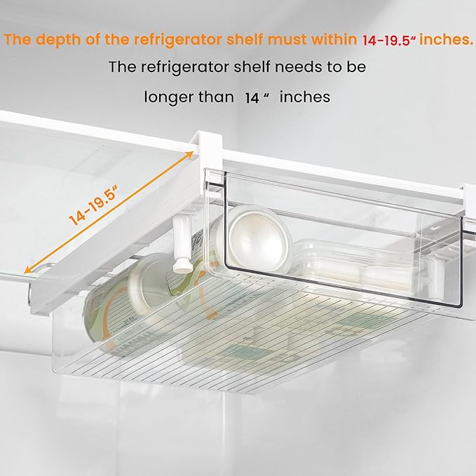 vacane Fridge Organizer Drawer, Clear Plastic Fridge Organizer Bins, Add on Refrigerator Drawer,Fridge Storage Container Under Shelf Holder for Fruit, Vegetable, Meat, Cheese, Easy to Install-M