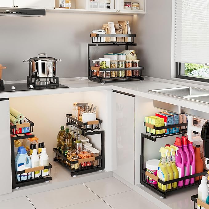 ADBIU Under Sink Organizer, 2 Pack 2 Tier Expandable Height (13.2" - 17.2") Pulling Out Kitchen Bathroom Cabinet Organizers