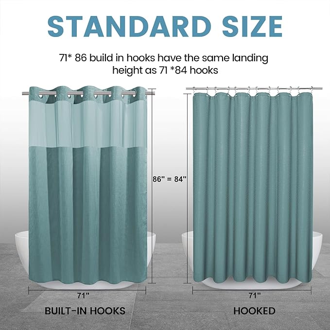 Teal Long No Hook Shower Curtain with Snap in Liner,230GSM Waffle Weave Shower Curtains for Bathroom,71W x 86H