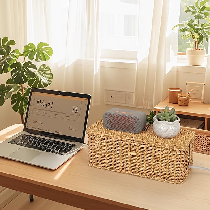 Cable Management Box, Handwoven Faux Rattan Cord Organizer with Lid, 2 Open Slots Cable Organizer Box, Decorative Cord Hider for Tv Computer USB Hub & Power Strip Holder