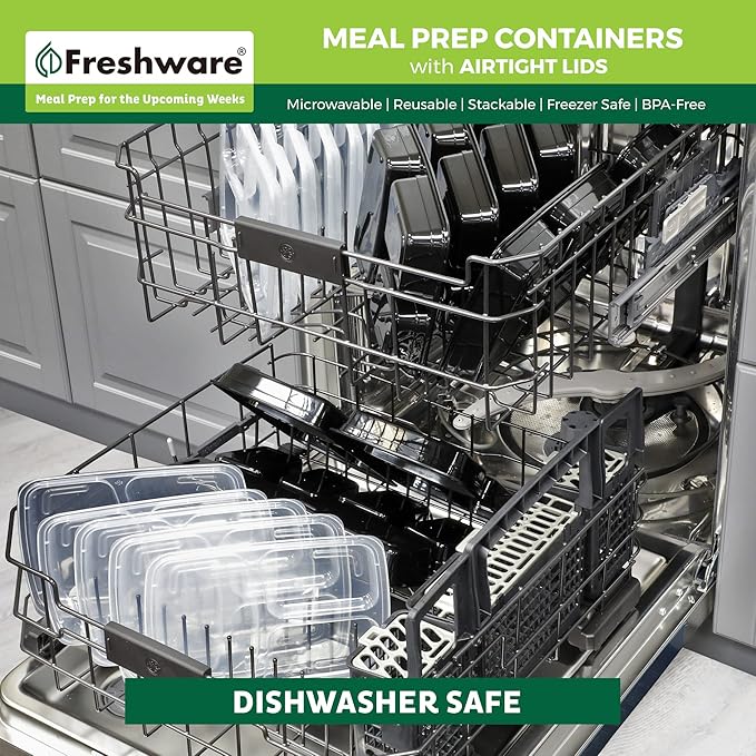 Freshware Meal Prep Containers 50 Count, 3 Compartment Food Storage Containers with Lids, Bento Box, BPA Free, Stackable, Microwave/Dishwasher/Freezer Safe (24 oz) (Pack of 6)