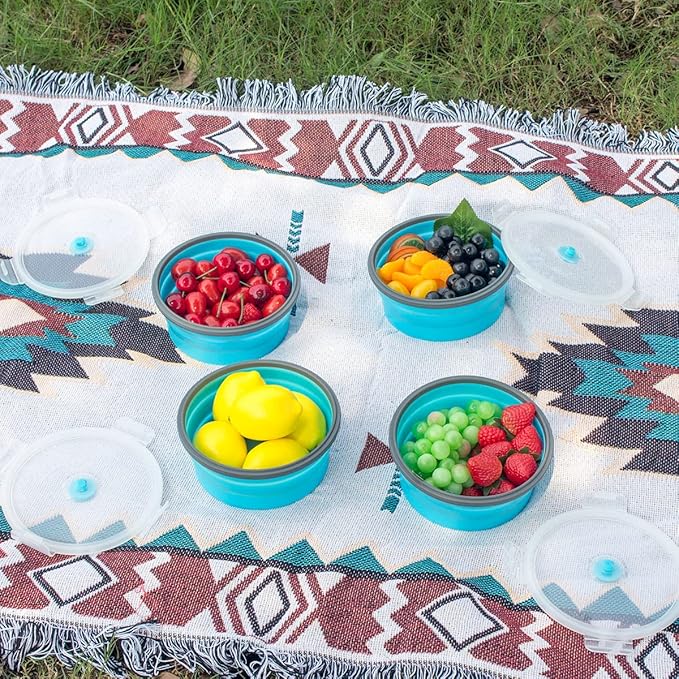 Collapsible Food Storage Containers Round with Airtight Lid, 27 oz, Kitchen Stacking Silicone Collapsible Meal Prep Container Set for Leftover, Microwave Freezer Dishwasher Safe, Blue, Set of 4