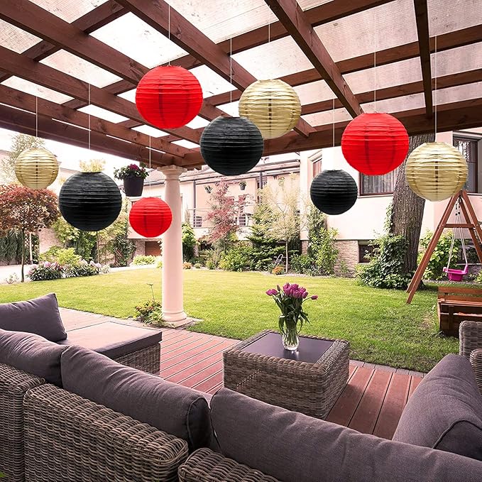 ADLKGG Paper Lanterns Decorations, Red Black Gold Hanging Round Paper Lanterns for Graduation, BBQ Party Supplies, Mickey Mouse Themed Birthday, Pirate Theme Casino Poker Party Decor Set of 21