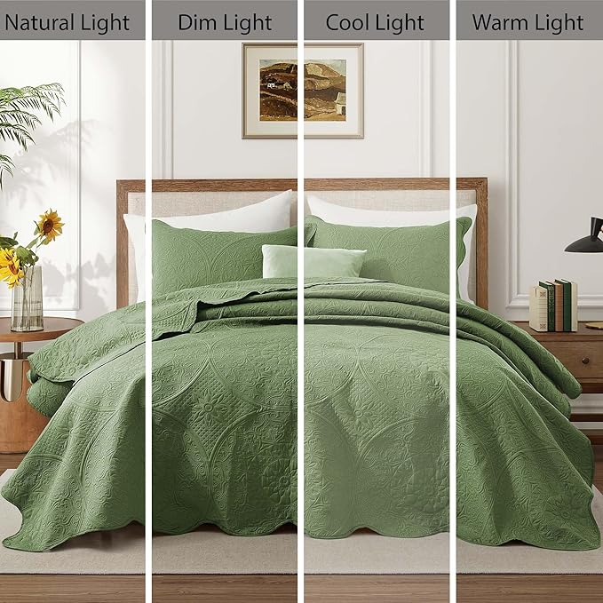 IR Imperial Rooms Queen Quilt Bedding Set Size (90" x 96") + 2 Pillow Shams (20" x 26"+ 2") - 3 Pcs All Season Lightweight Reversible Microfiber Coverlet Floral Embossed Quilt Bedspread (Olive Green)
