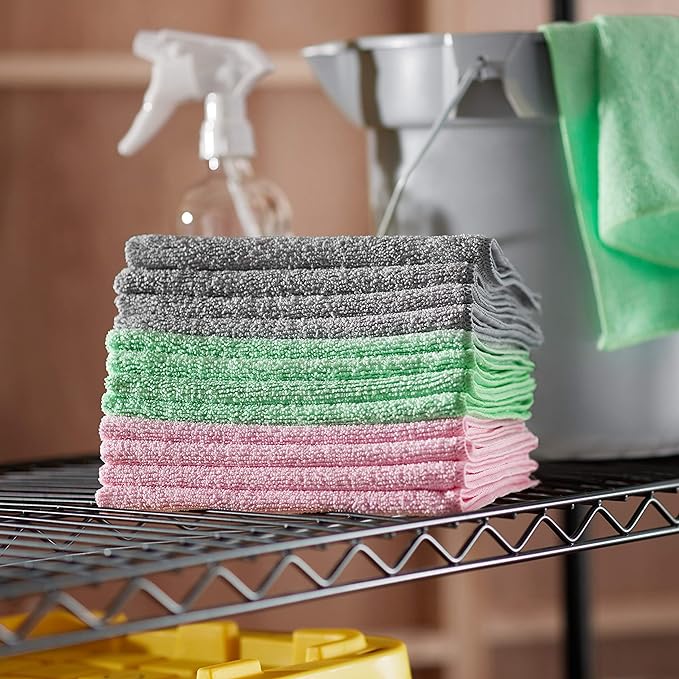 Amazon Basics Microfiber Cleaning Cloths, Non-Abrasive, Reusable and Washable, Pack of 48, Green/Gray/Pink, 16" x 12"