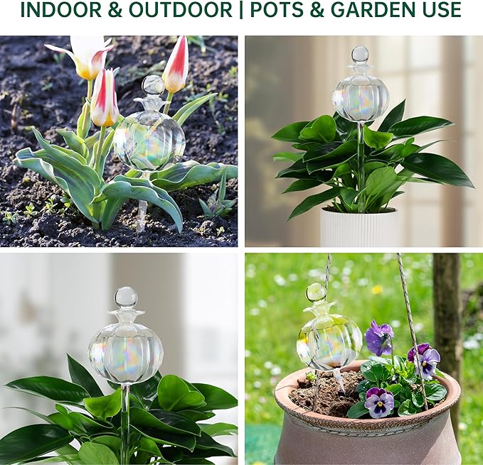 10 oz Large Top Fill Cactus Plant Watering Globes, Light Iridescent Glass Water Bulbs, Slow Release Self Watering Devices, Vacation Plant Watering System Self Watering Planter Insert, 4 Pack