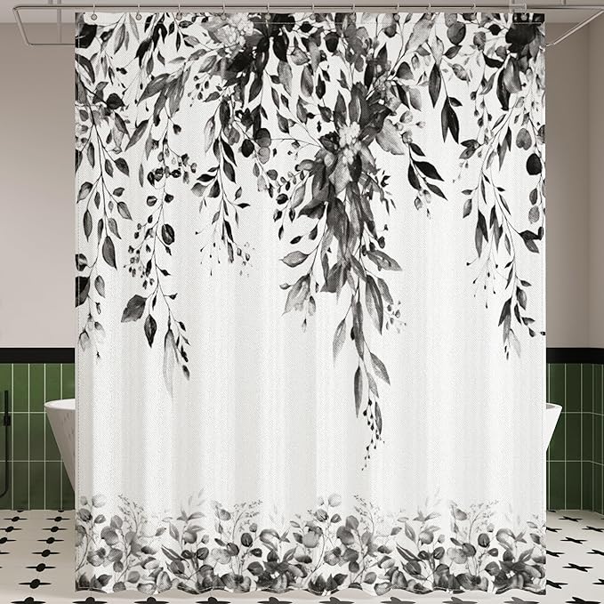 Black Eucalyptus Leaves Shower Curtain for Bathroom:Aesthetic Art Watercolor Plant Shower Curtains Sets with Hooks,Waterproof Fabric Decor 72x78 inches.