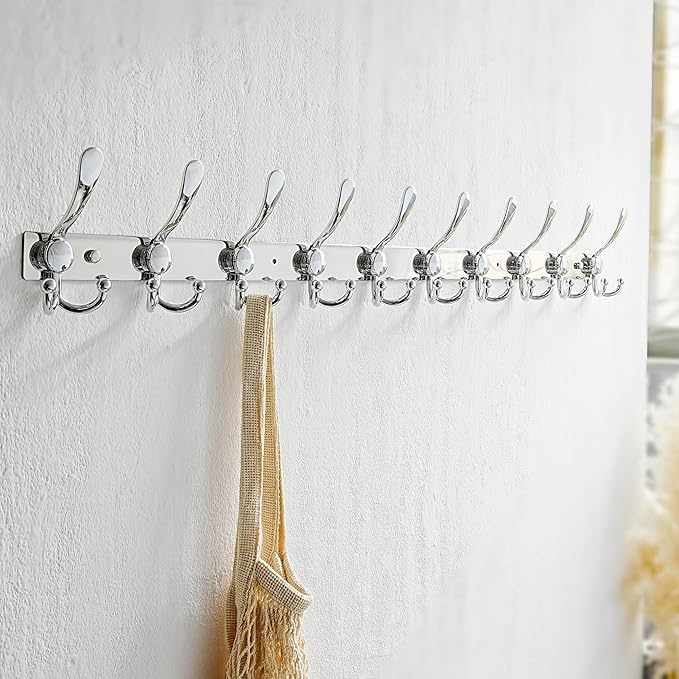 Dseap MaxStrong 2.0 Coat Rack Wall - 37” Long 10 Tri Hooks - Ultra Heavy-Duty Stainless Steel Wall Mount Coat Hanger, Hook Rail for Clothes Hats Jacket Towels Chromed