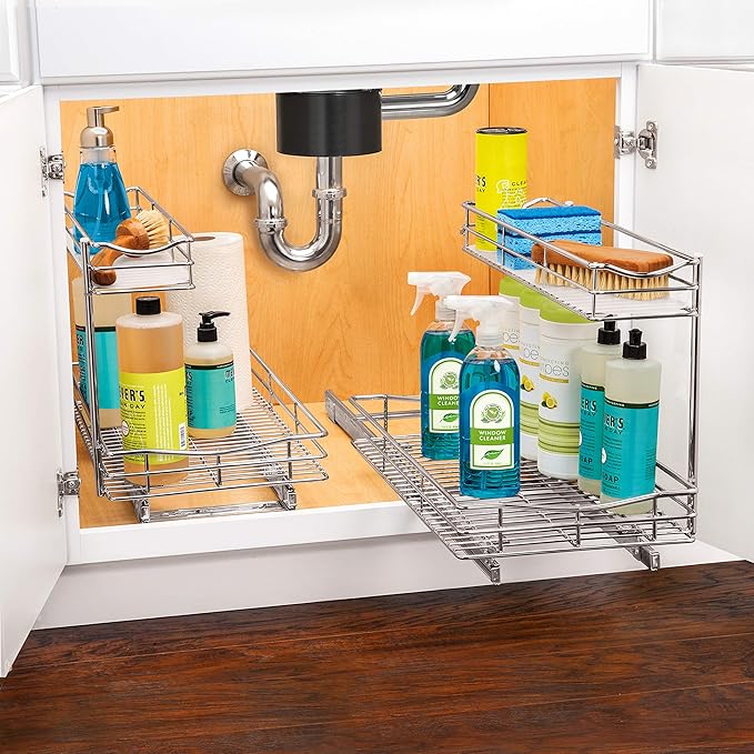 LYNK PROFESSIONAL® Pull Out Under Sink Kitchen Cabinet Organizer - 11.5 in. x 21 inch deep Drawer - Sliding Shelf Organizer for Cabinets and Undersink Storage Shelves - Lifetime Ltd. Warranty – Chrome